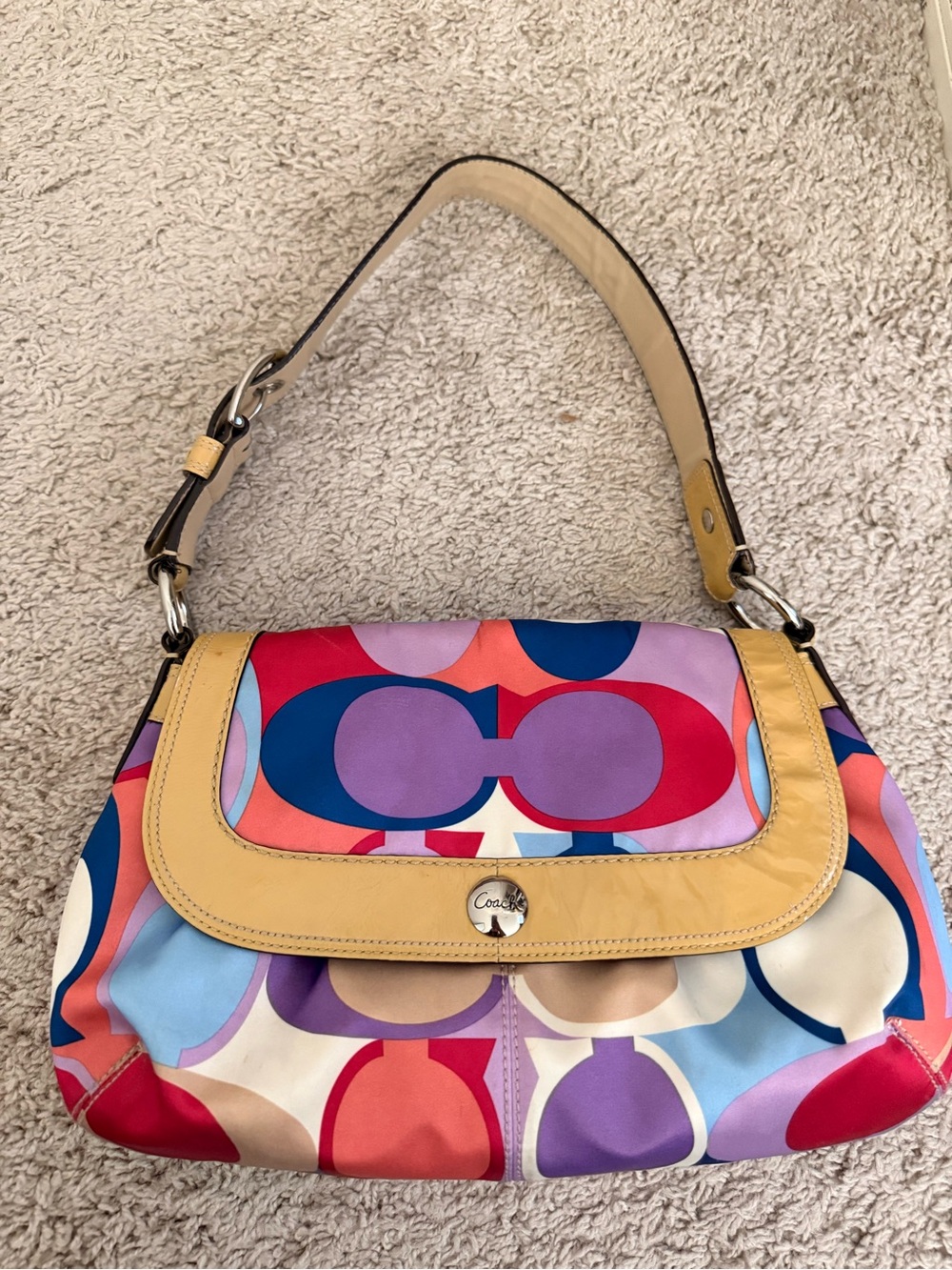 Coach Multicolor Circle Print Shoulder Bag with Yellow Trim